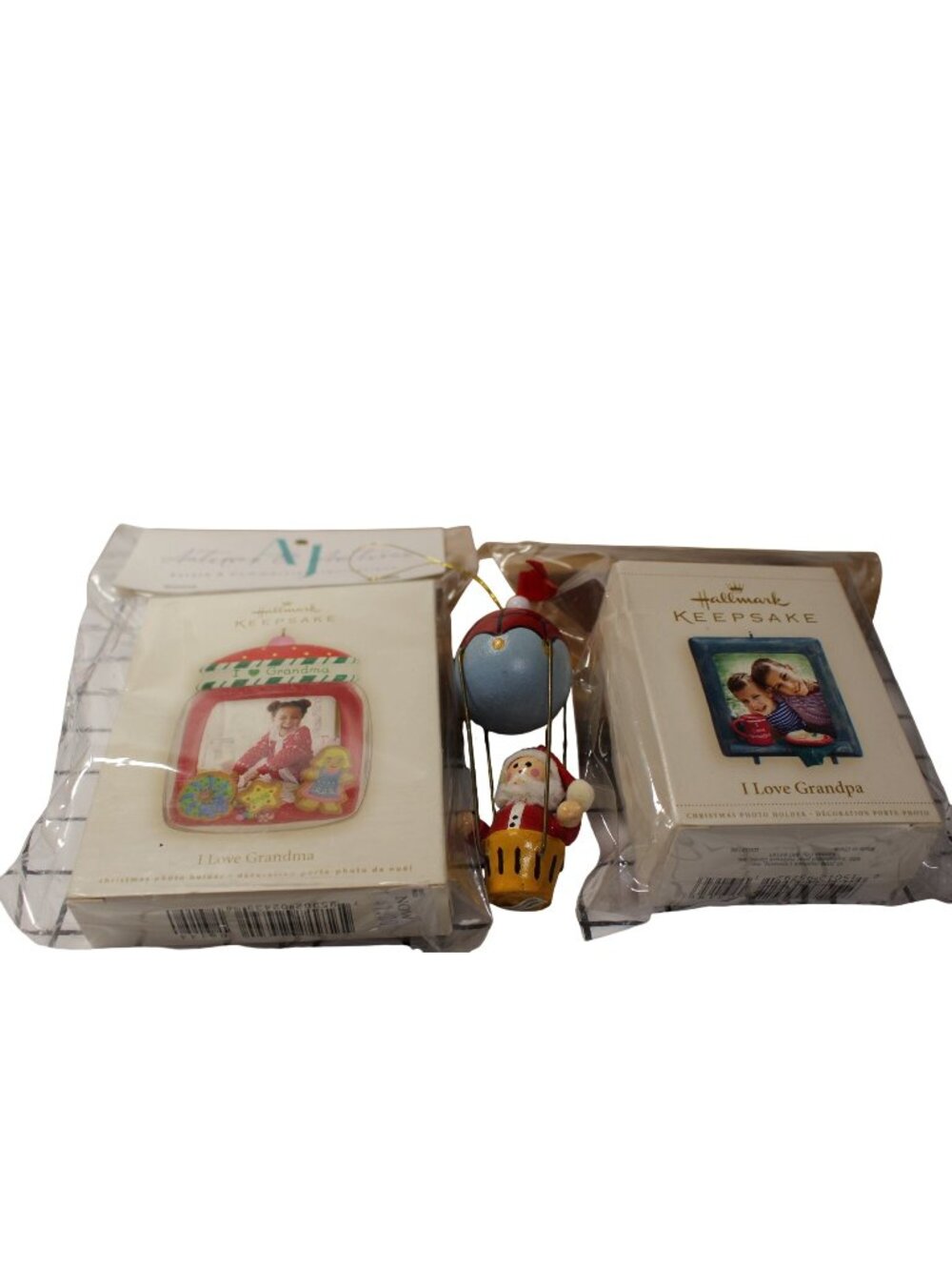 Lot of 3 Hallmark Keepsake Grandma Grandpa Photo Ornaments Boxed + Wooden Santa